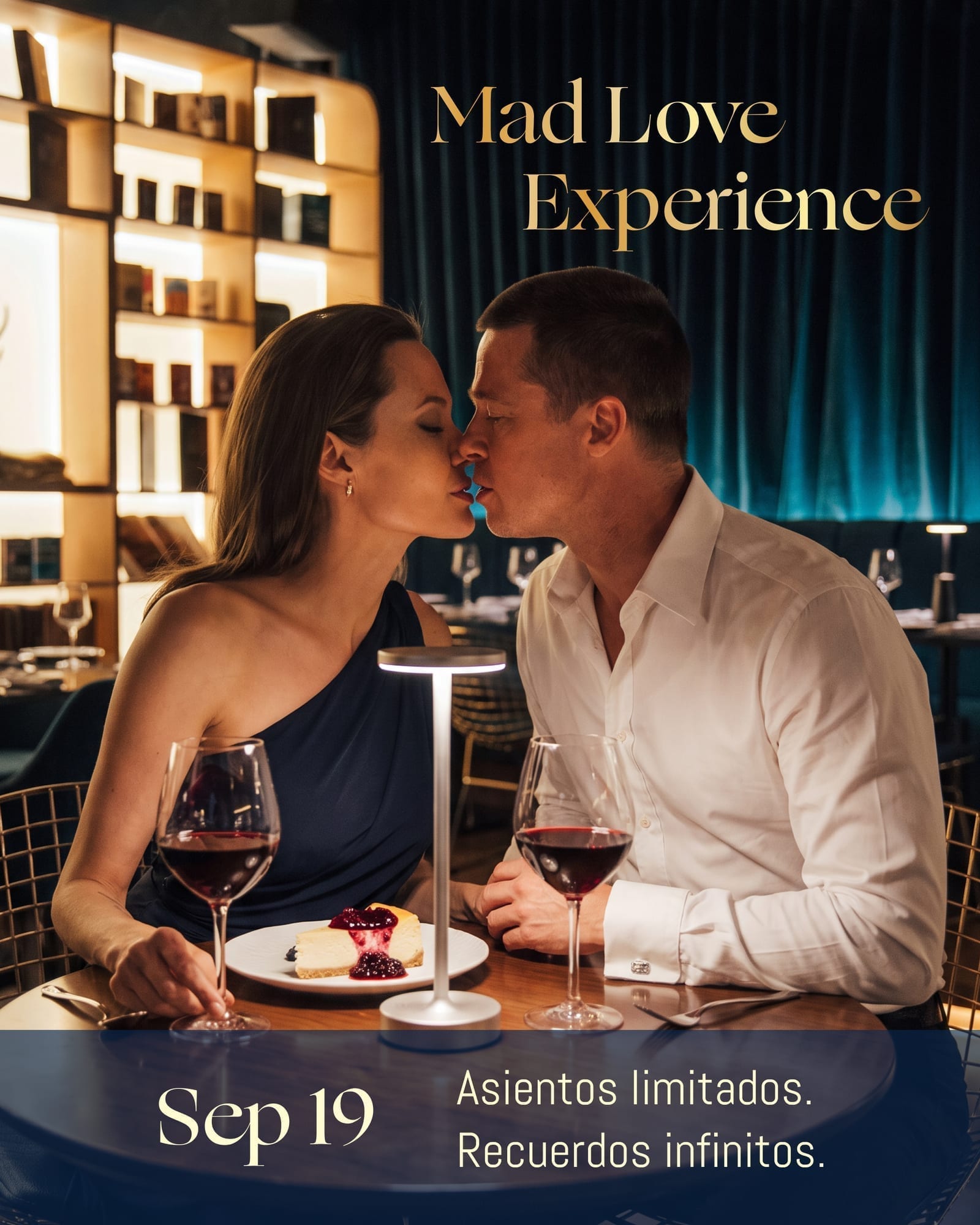Pareja celebrando con cheesecake y vino — Mad Love Experience, New York Bistro Bogotá